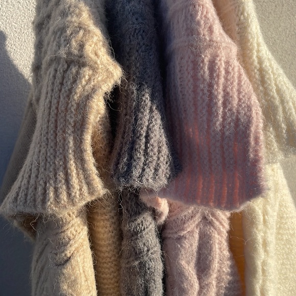 92. Oversized Grey Duster Cardigan Coat Chunky Long Cable Rib With Fuzzy Pocket - Picture 9 of 13